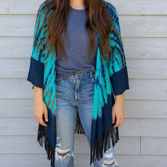 Reba Tie Dye Cotton/Rayon Fringe Turquoise Navy Kimono Top L - Picture 1 of 8